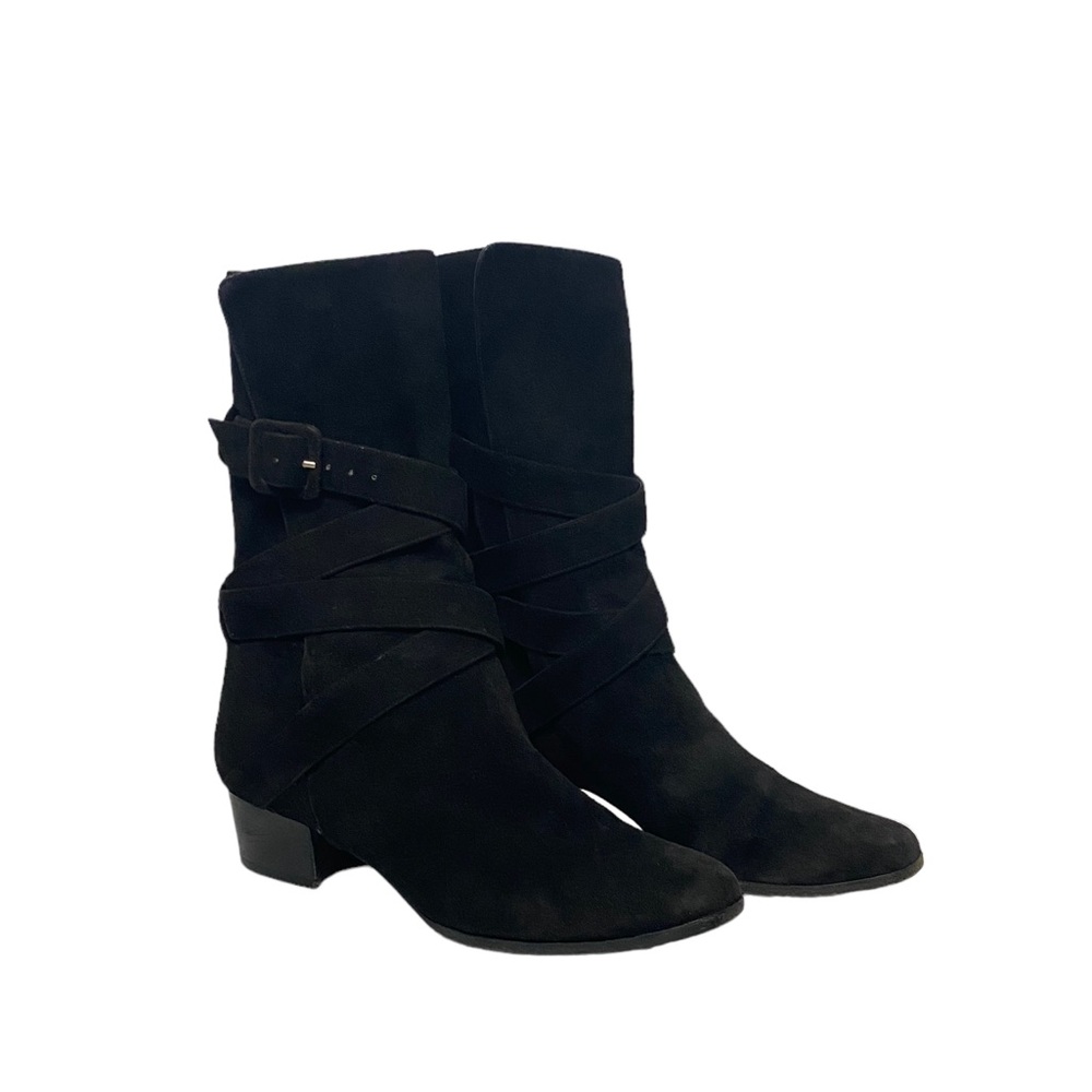 YSL Yves Saint Laurent Suede Fall Fold Down Strappy Buckle Black Ankle Boots